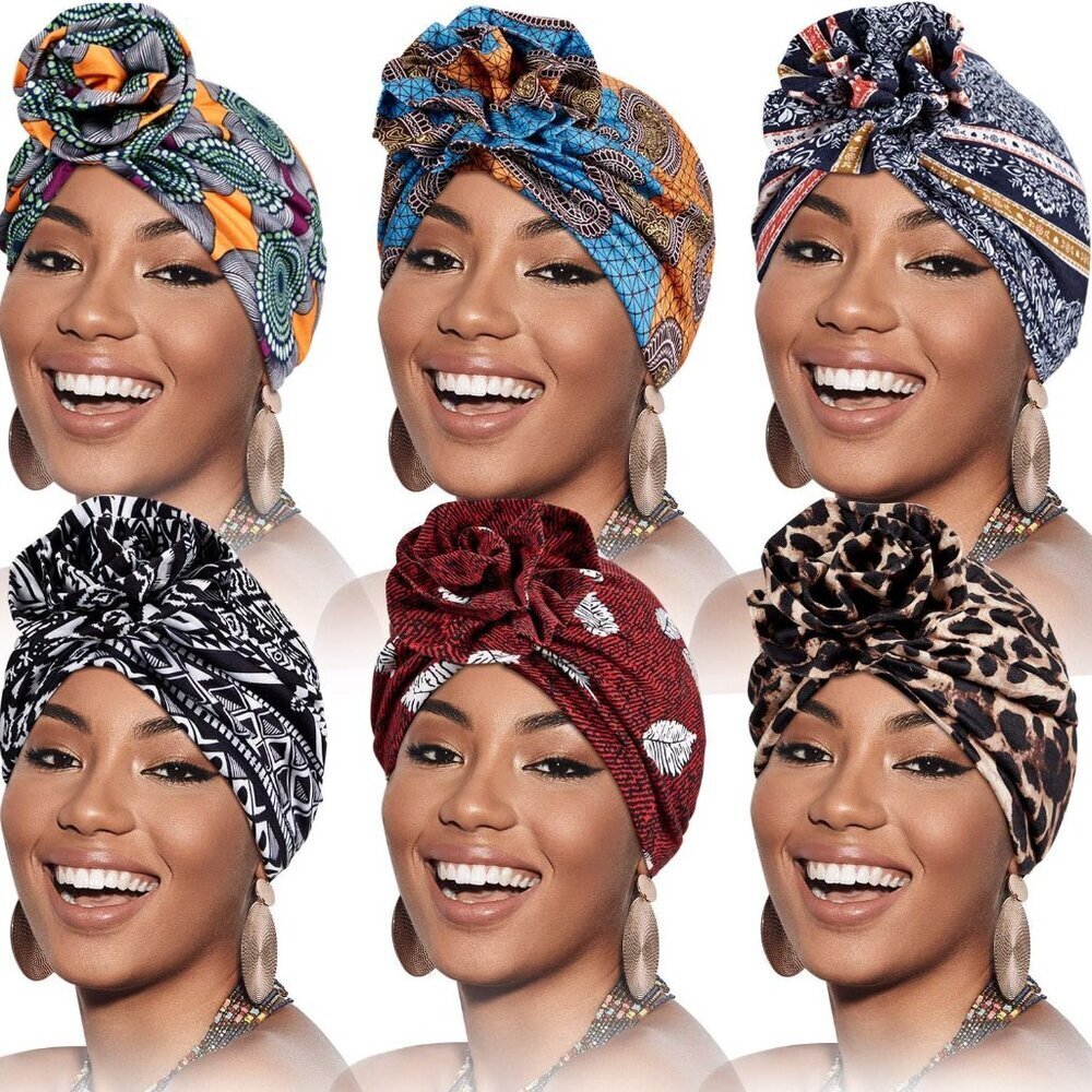 6 Pieces Women Turban Flower African Pattern Headwrap Sleep Beanie Pre-Tied Bonn